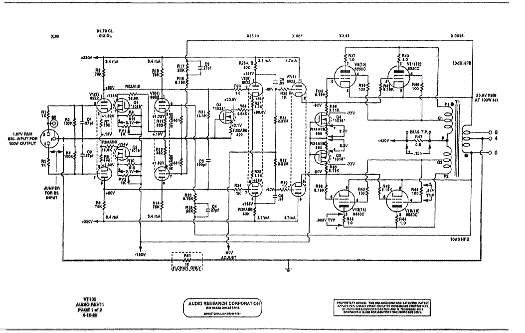 AUDIO RESEARCH VT100 REV11 TUBE AMPL SCH Service Manual download