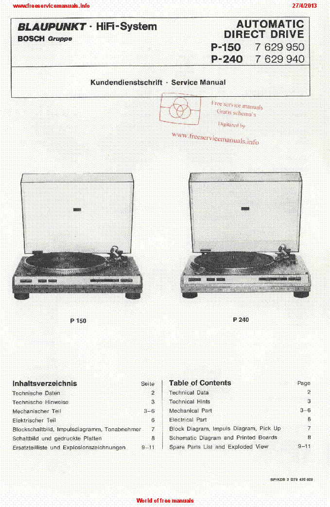 BLAUPUNKT P-150 P-240 TURNTABLE SM service manual