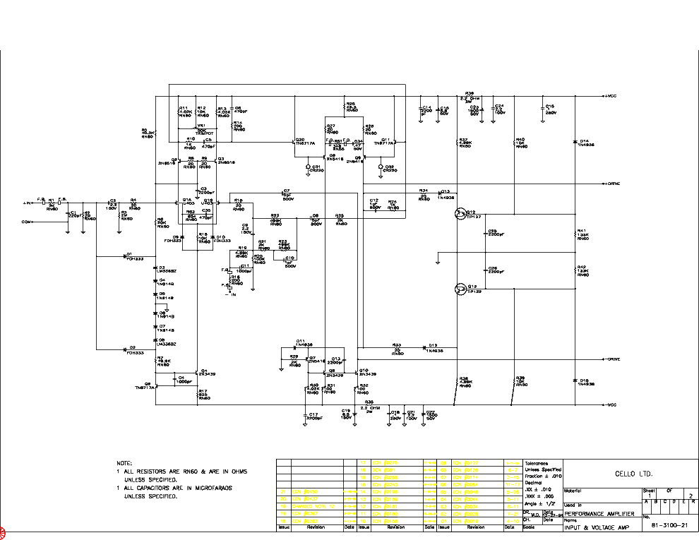 CELLO PERFOMANCE AMPLIFIER II 2 SCHEMATIC INPUT VOLTAGE service manual