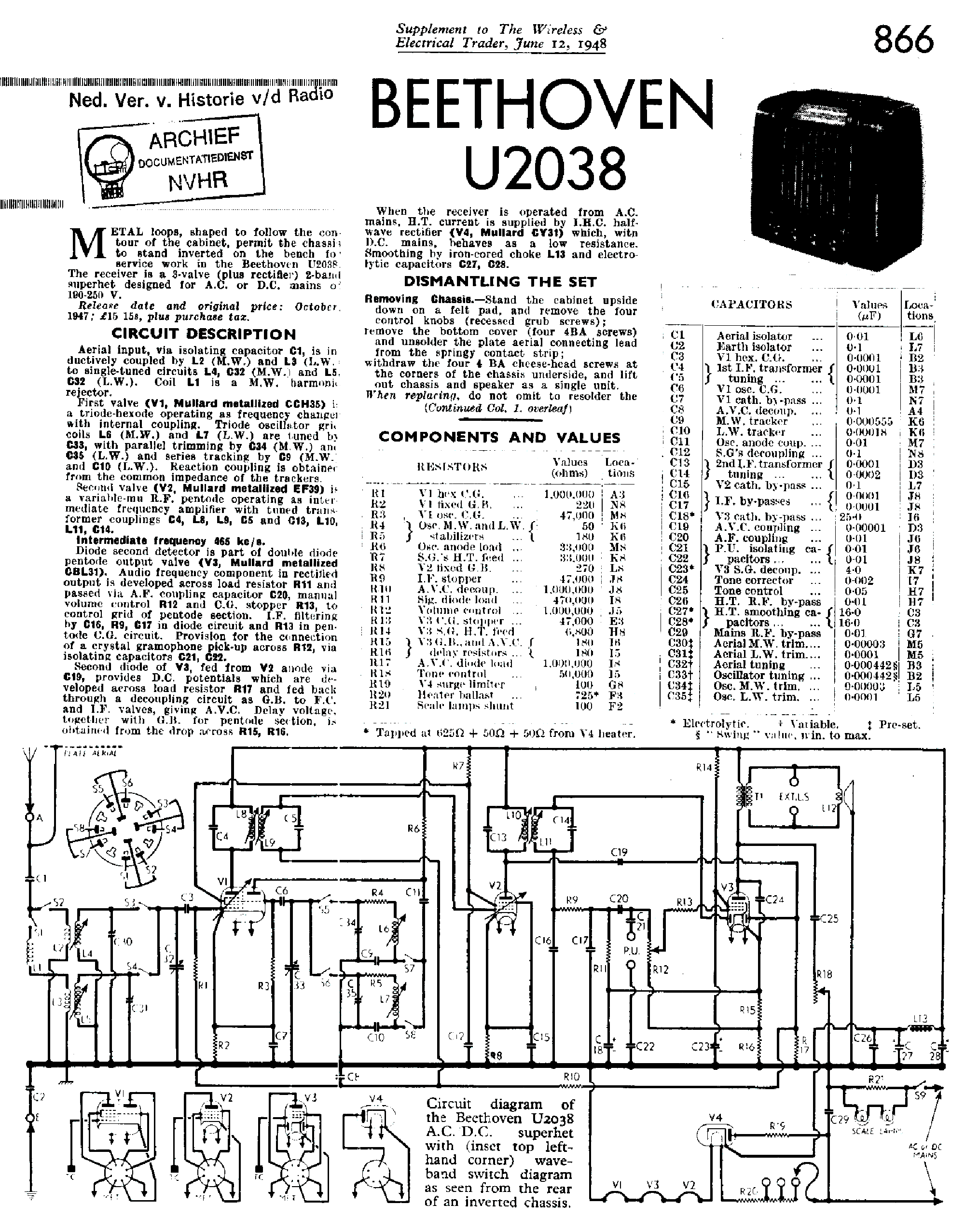 BEETHOVEN U2038 AC-DC RECEIVER 1948 SM service manual