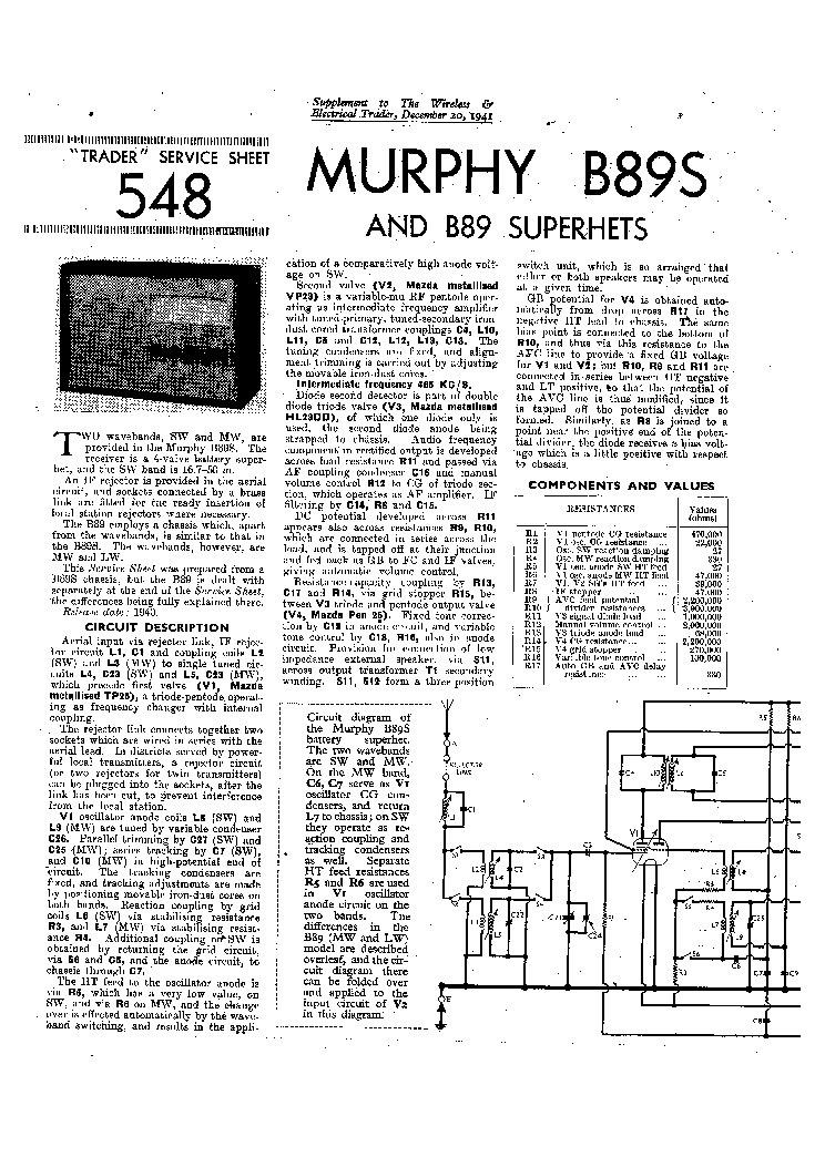MURPHY B89 S RADIO 1941 SM service manual