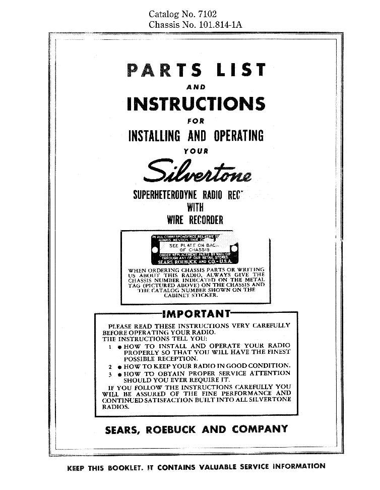 SEARS ROEBUCK SILVERTONE 7102 RECEIVER AND WIRE RECORDER SM service manual