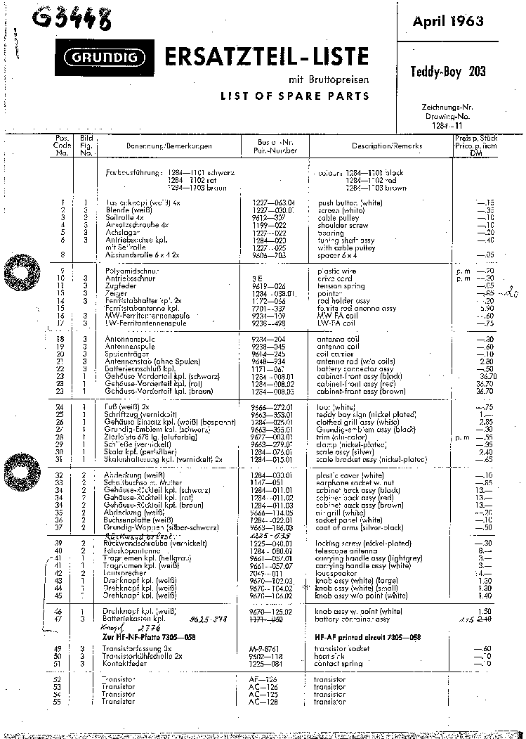 GRUNDIG TEDDY-BOY 203 PARTS service manual