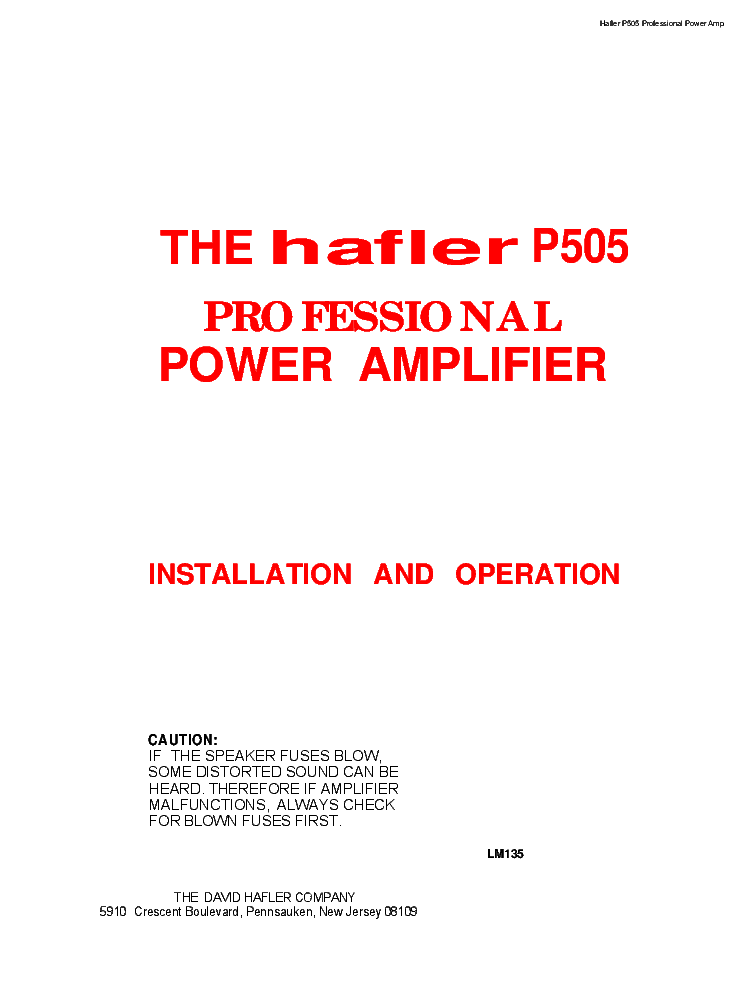 HAFLER P505 OP SCH service manual