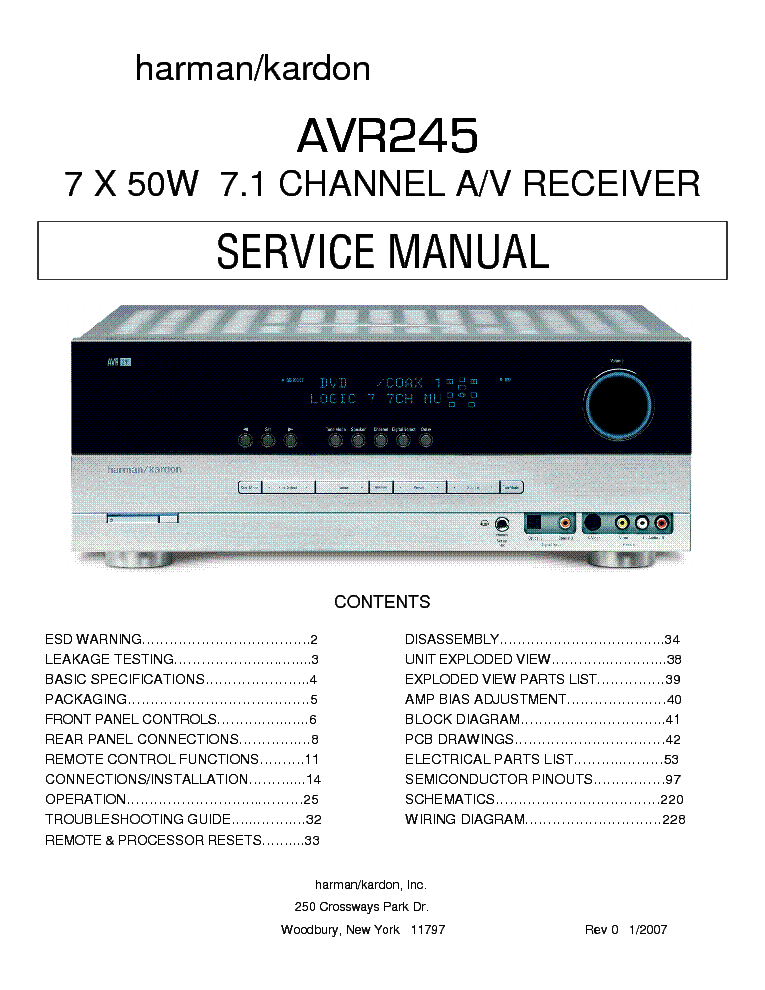HARMAN KARDON AVR245 Service Manual download, schematics, eeprom