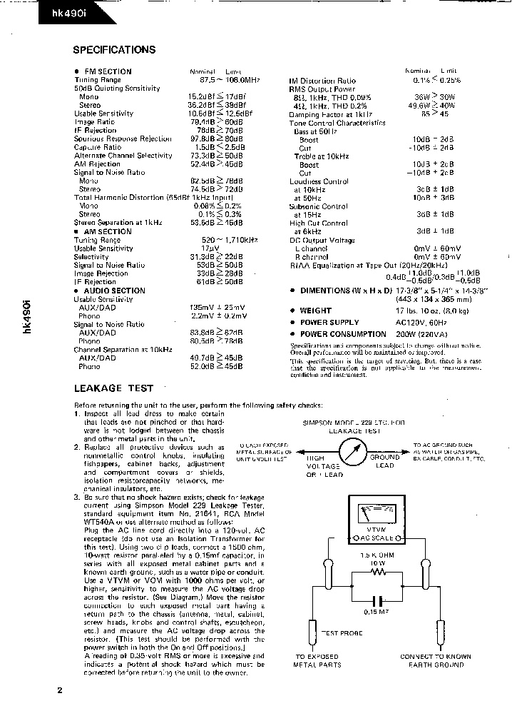 THE HARMAN KARDON HK490I service manual (2nd page)
