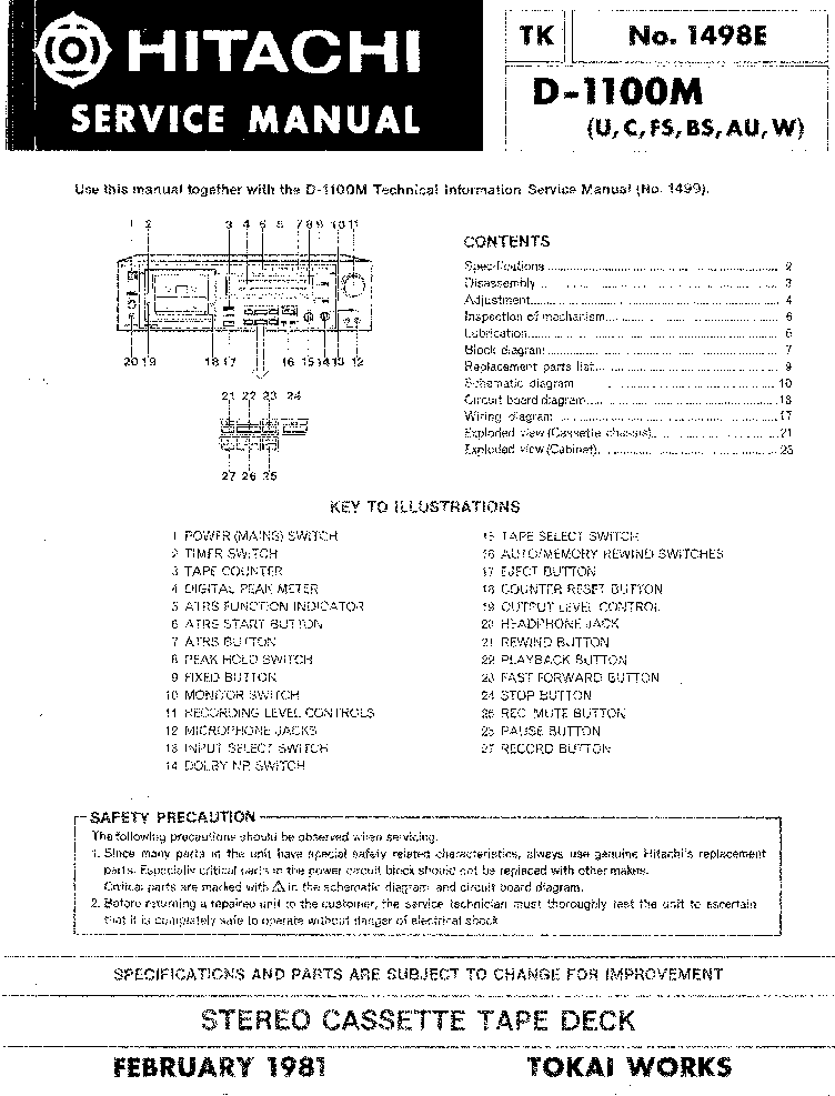 HITACHI D-1100M service manual (1st page)