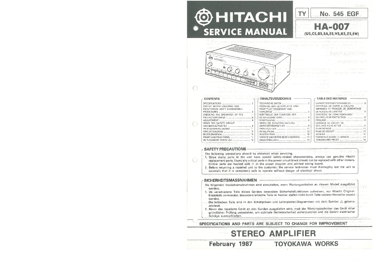 HITACHI HA 007 service manual (1st page)