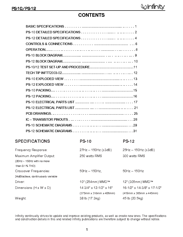 INFINITY PS-10 12 SM service manual (2nd page)