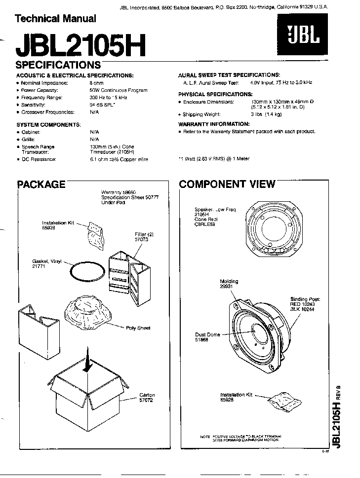 JBL 2105H SPEAKER SM service manual (1st page)