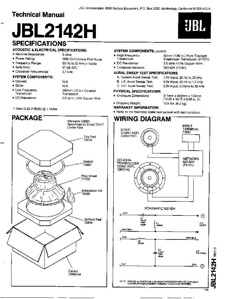 JBL 2142H SPEAKER SM service manual (1st page)