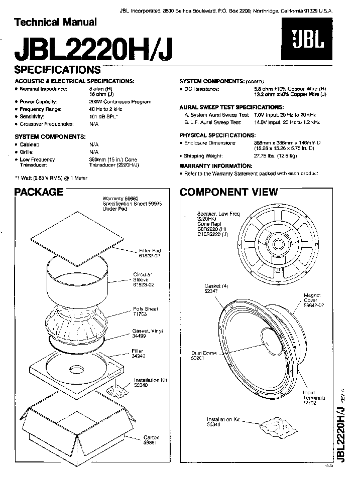 JBL 2220H J SPEAKER SM service manual (1st page)