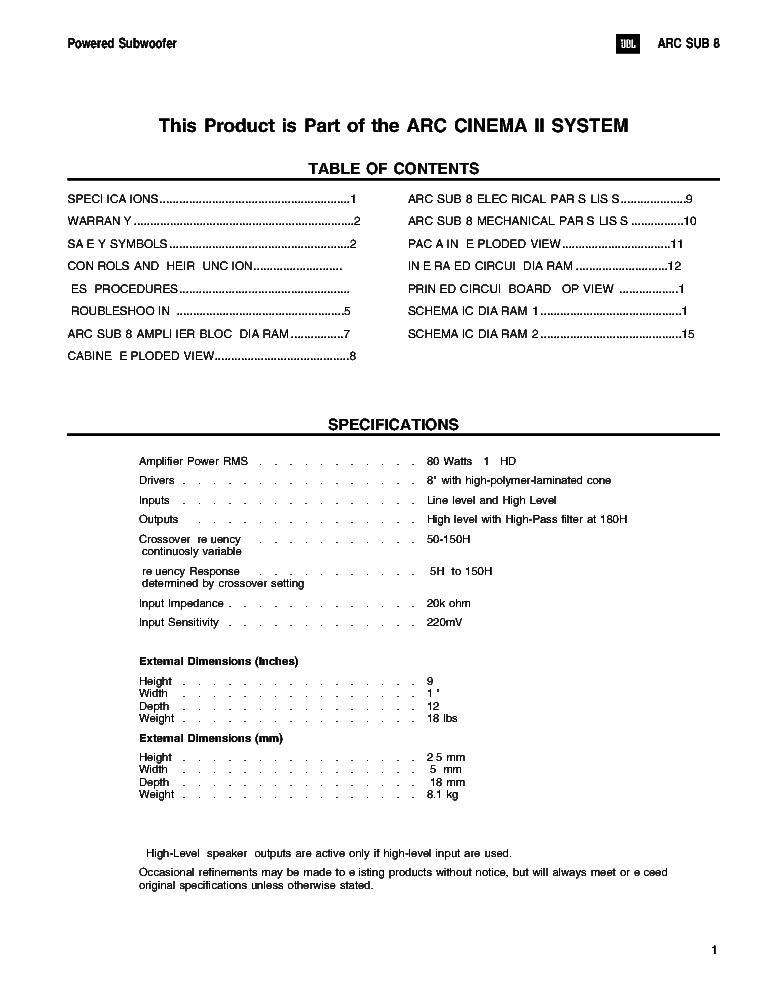 JBL ARC-SUB-8 service manual (2nd page)