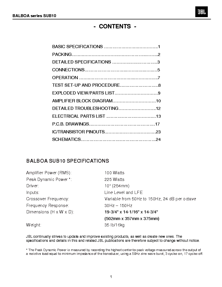 JBL BALBOA SUB10 service manual (2nd page)