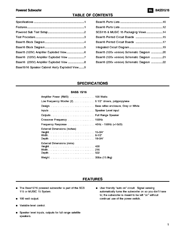 JBL BASS15 16 SM 1 service manual (2nd page)