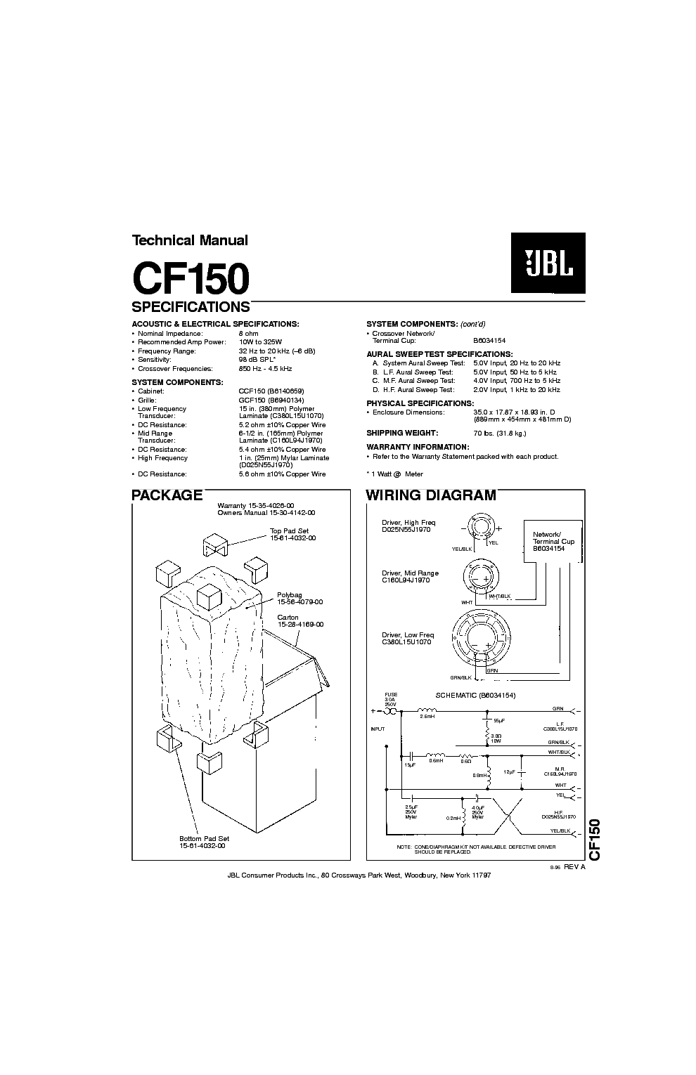 JBL CF-150 325W SPEAKER SYSTEM SM service manual (1st page)