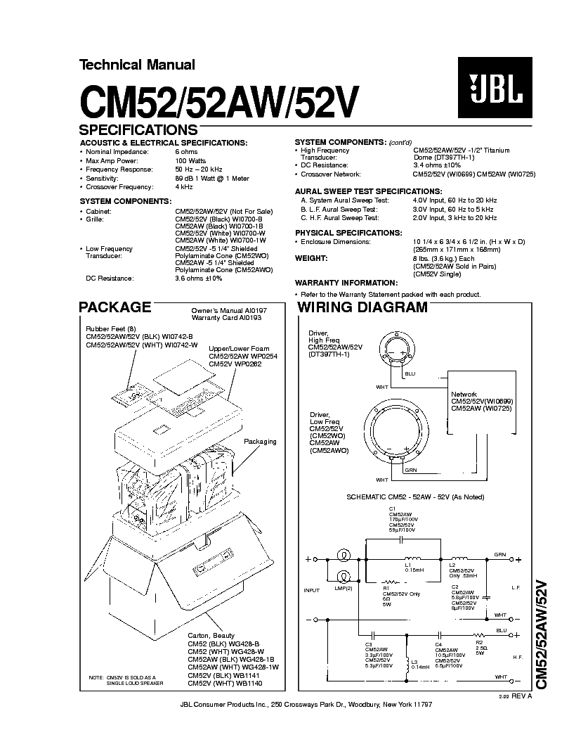 JBL CM-52 AW V 100W SPEAKER SYSTEM SM service manual (1st page)