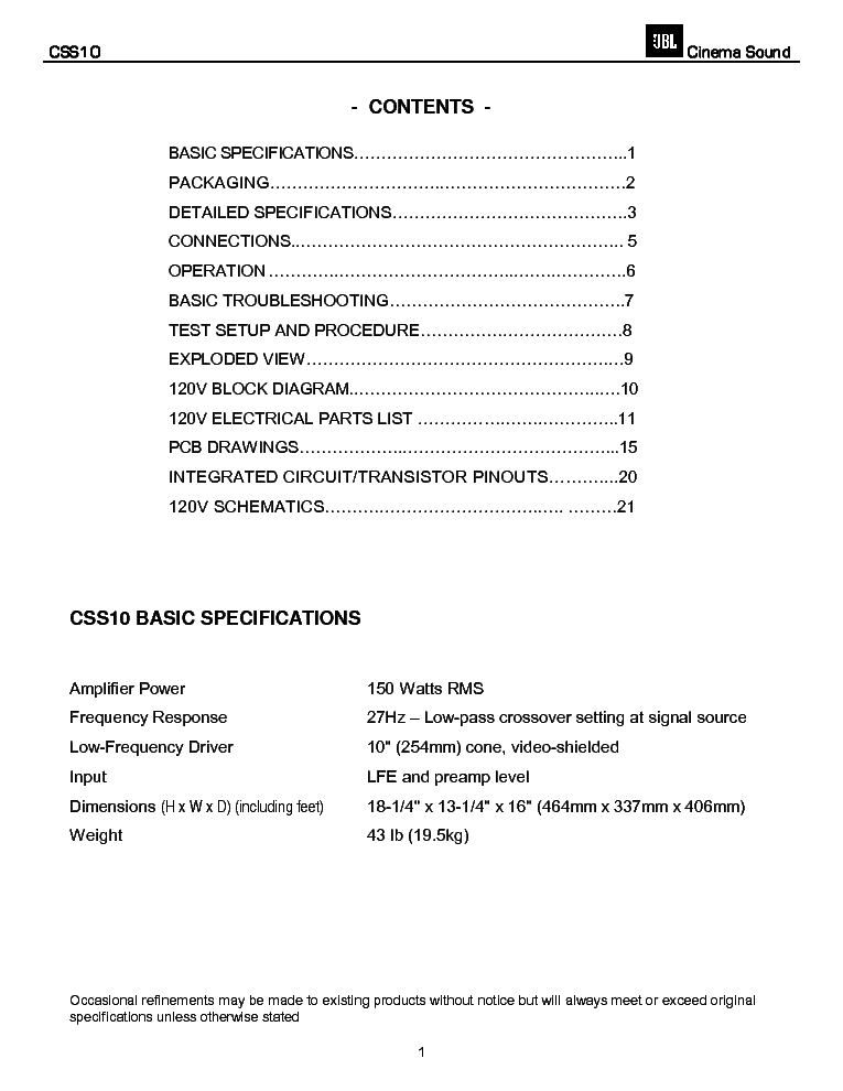 JBL CSS10 AMPLIFIER SUBWOOFER SM service manual (2nd page)