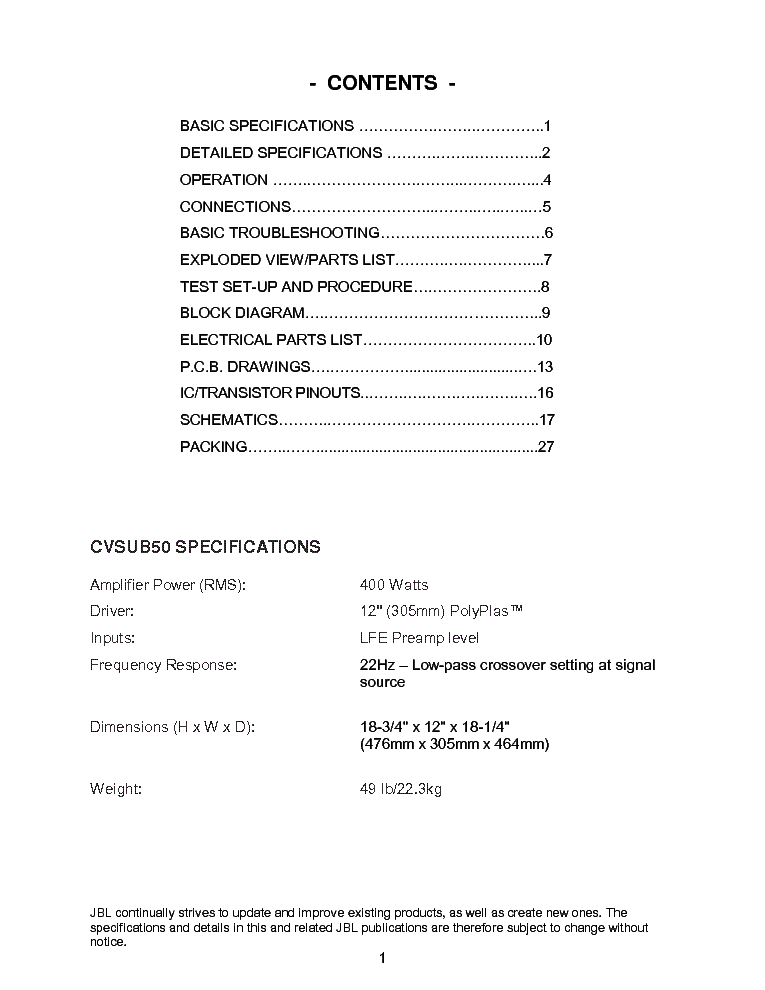 JBL CVSUB50 SM service manual (2nd page)