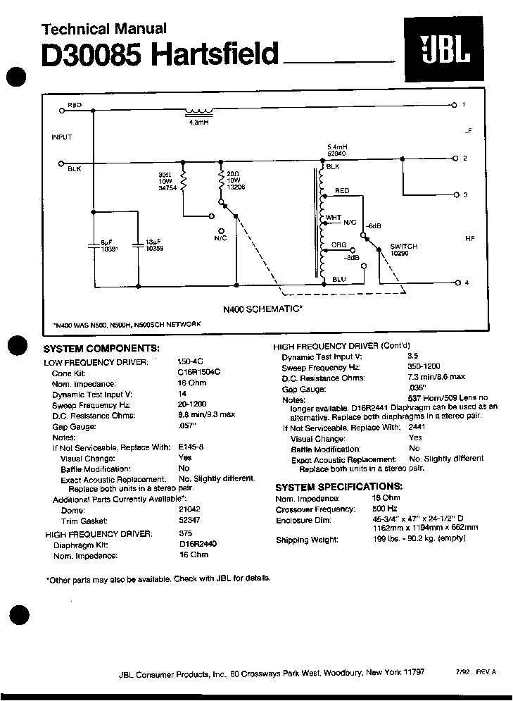 JBL D-30085 HARTSFIELD CROSSOVER 500HZ 16-OHM 1992 SCH service manual (1st page)