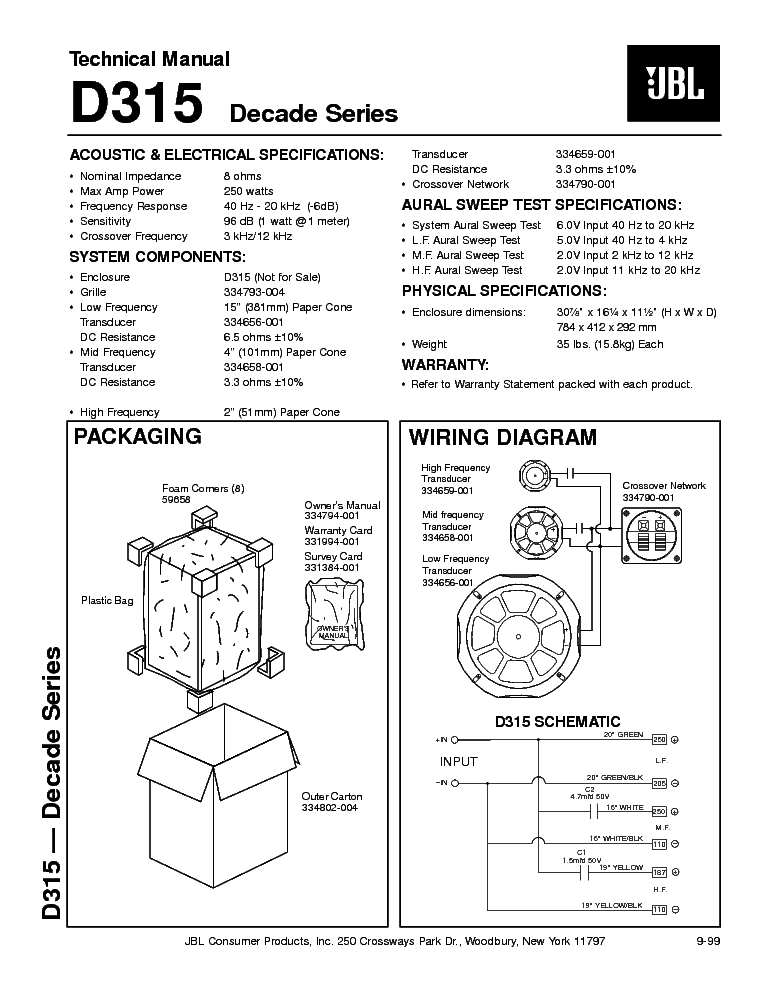 JBL D-315 DECADE SERIES 250W SPEAKER SYSTEM SM service manual (1st page)