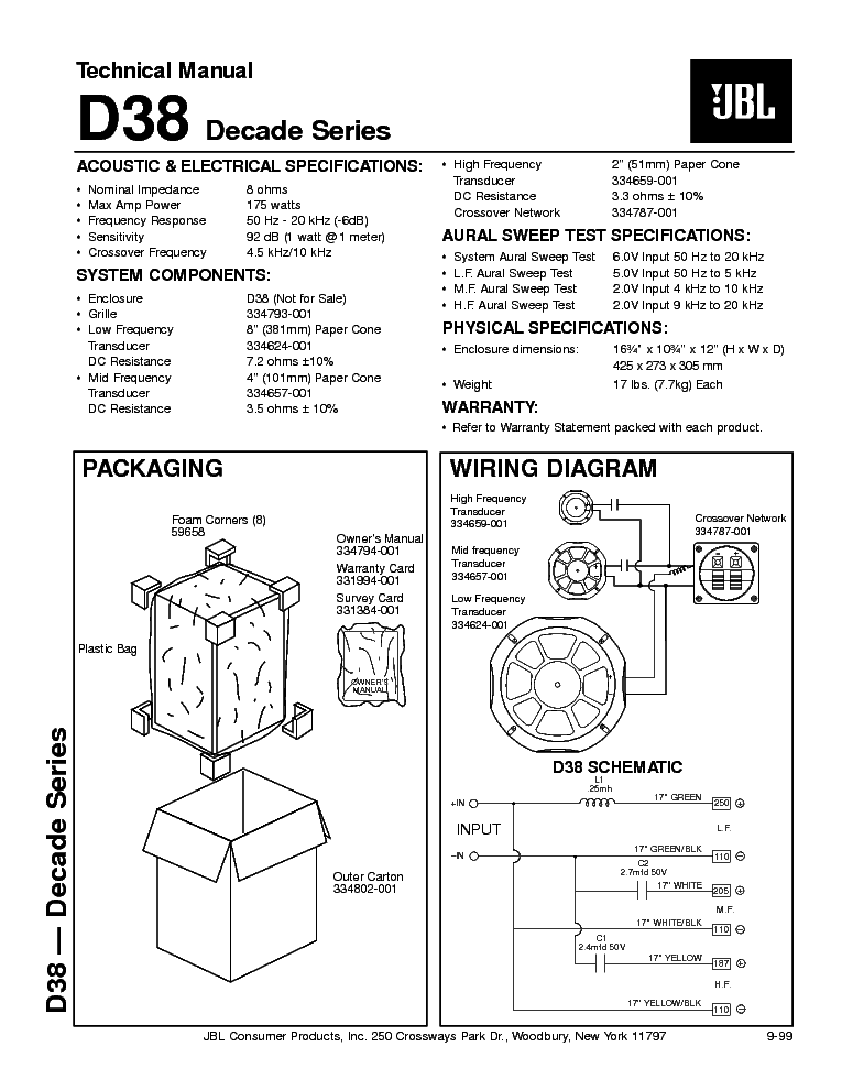 JBL D-38 DECADE SERIES 175W SPEAKER SYSTEM SM service manual (1st page)