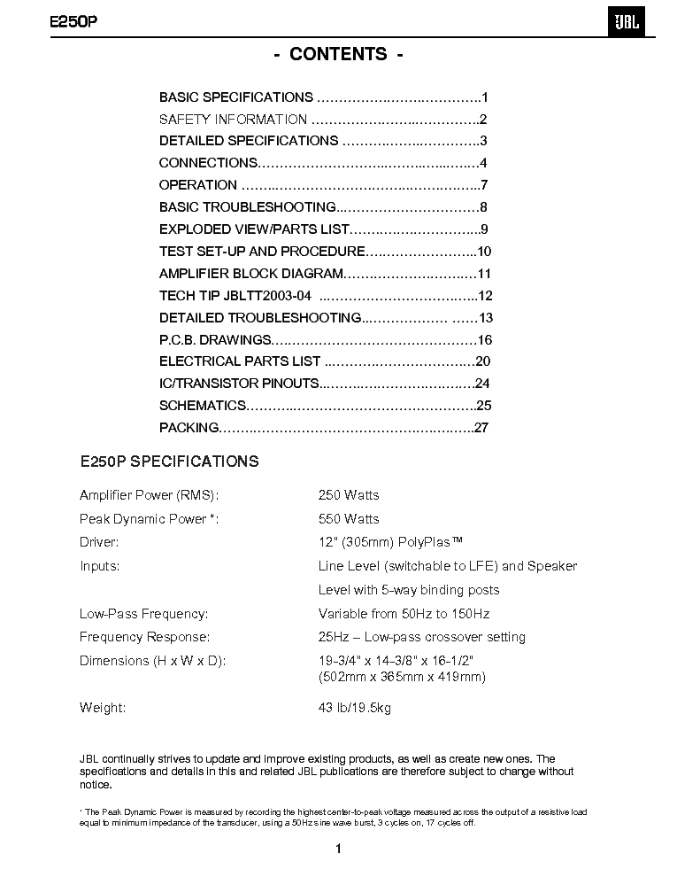 JBL E250P SM service manual (2nd page)