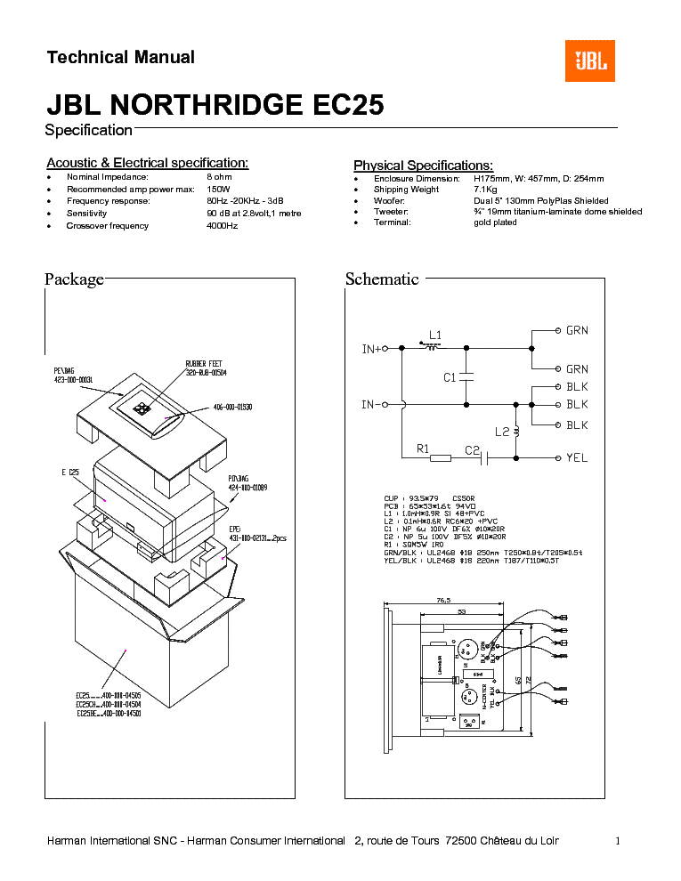 JBL EC25 NORTHRIDGE SERIES 150W SPEAKER SYSTEM SM service manual (1st page)