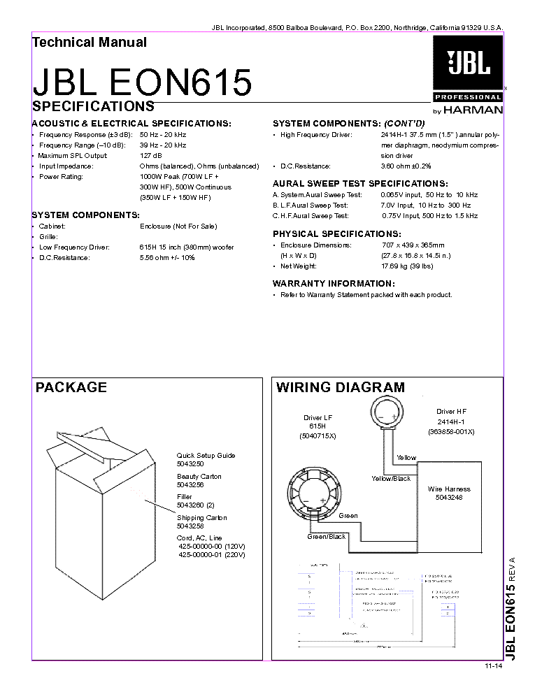 JBL EON615 Service Manual download, schematics, eeprom, repair info for