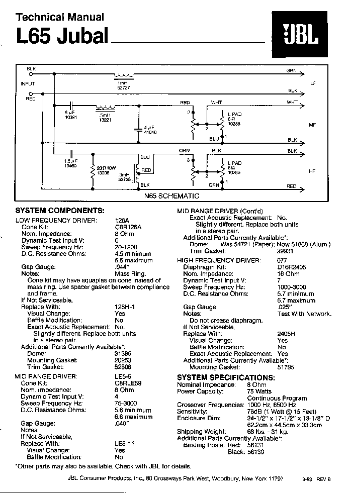 JBL L-65 75W CROSSOVER SM service manual (1st page)