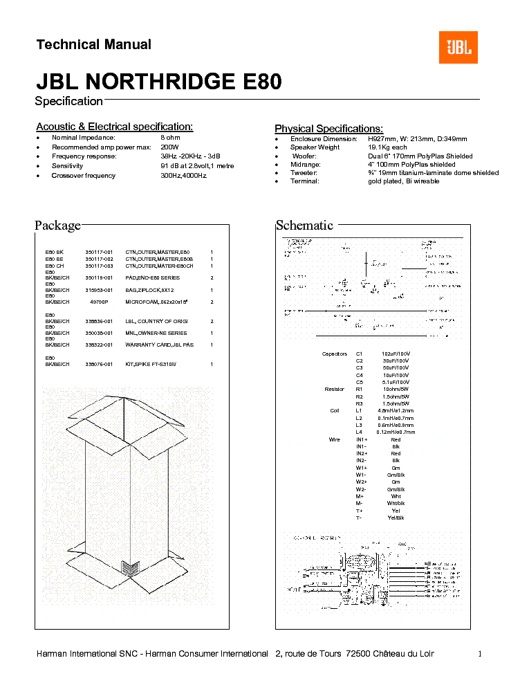 JBL NORTHBRIDGE E-80 200W SPEAKER SYSTEM SM service manual (1st page)