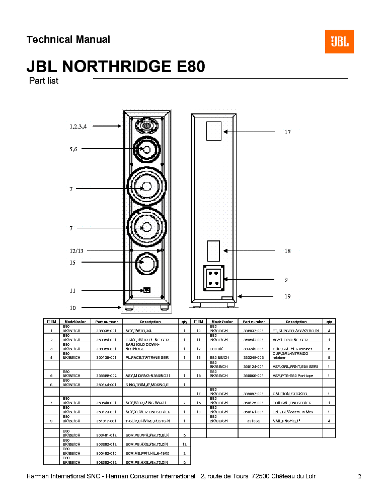 JBL NORTHBRIDGE E-80 200W SPEAKER SYSTEM SM service manual (2nd page)
