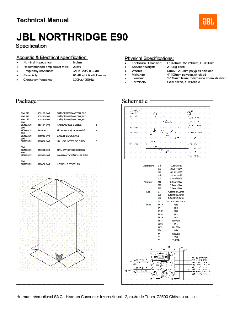 JBL NORTHBRIDGE E-90 225W SPEAKER SYSTEM SM service manual (1st page)