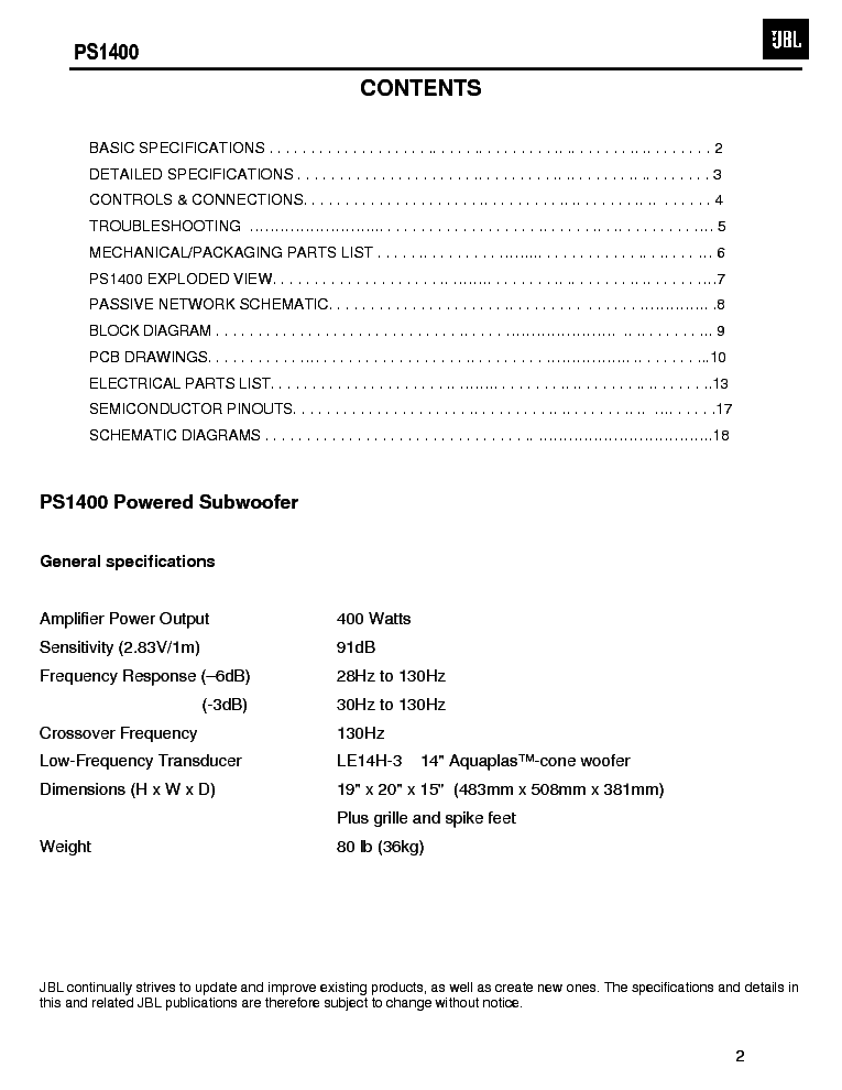 JBL PS1400 SM service manual (2nd page)