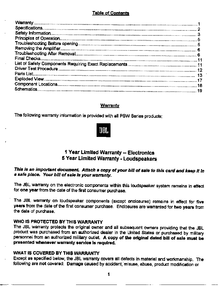 JBL PSW-1000 POWERED SUBWOOFER SM service manual (2nd page)