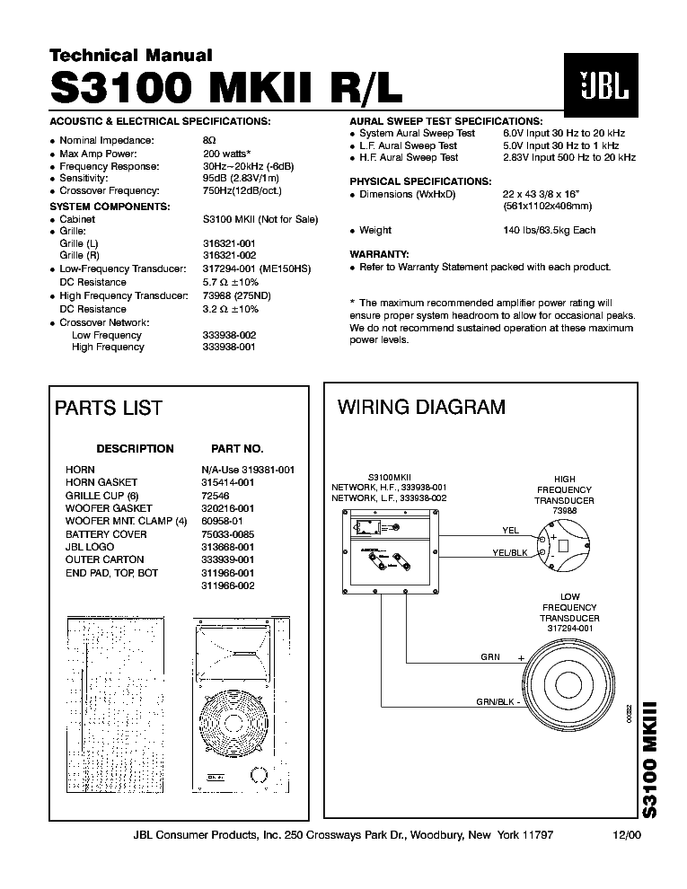 JBL S-3100 MK2 200W SPEAKER SYSTEM SM service manual (1st page)