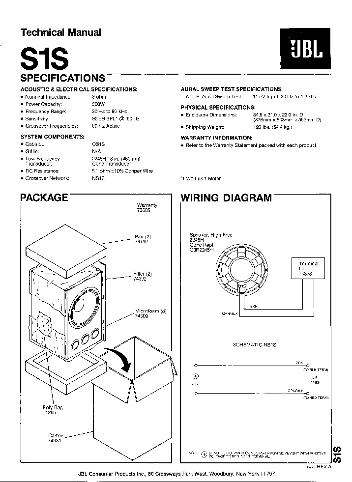 JBL S1S SPEAKER-SYNTHESIS SM Manual download, schematics, eeprom, repair info for electronics experts