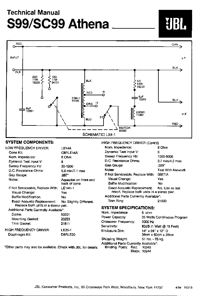 JBL S99 SC99 ATHENA CROSSOVER SCH service manual (1st page)