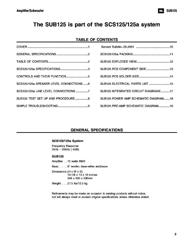 JBL SUB125 125A service manual (2nd page)
