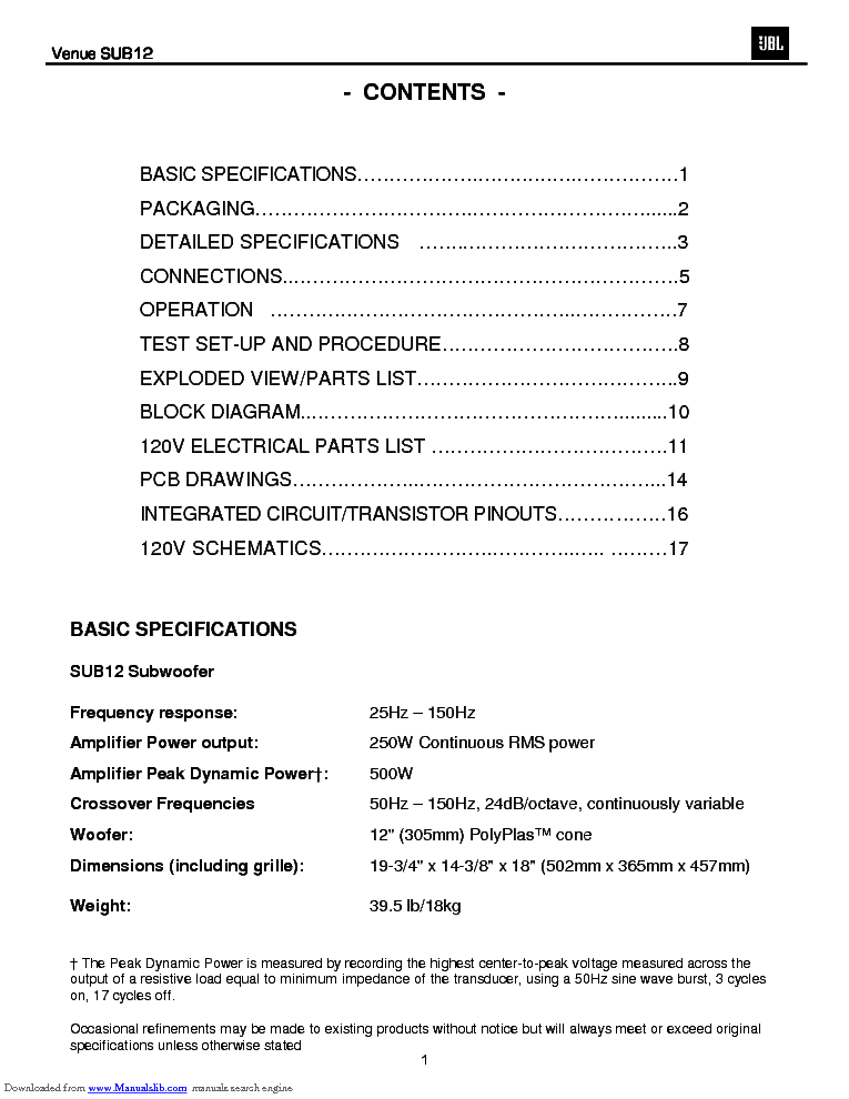 JBL SUB12 SM service manual (2nd page)