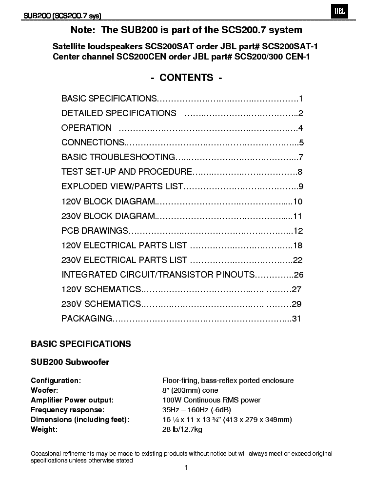 JBL SUB200 SM service manual (2nd page)