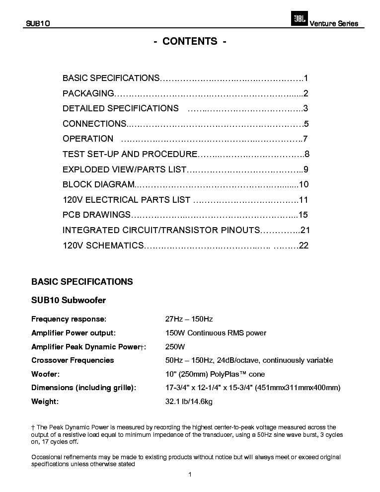 JBL VENUE SUB10 SM service manual (2nd page)