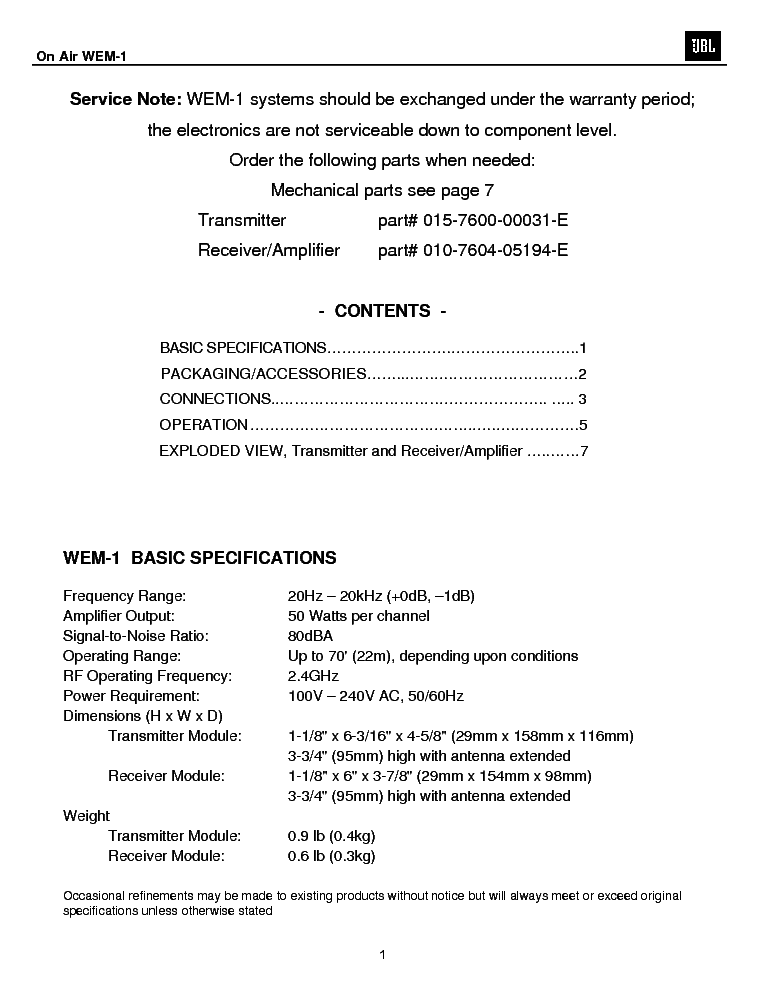 JBL WEM-1 SM service manual (2nd page)