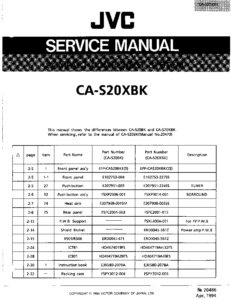 JVC CA-S20XBK PARTS service manual (1st page)