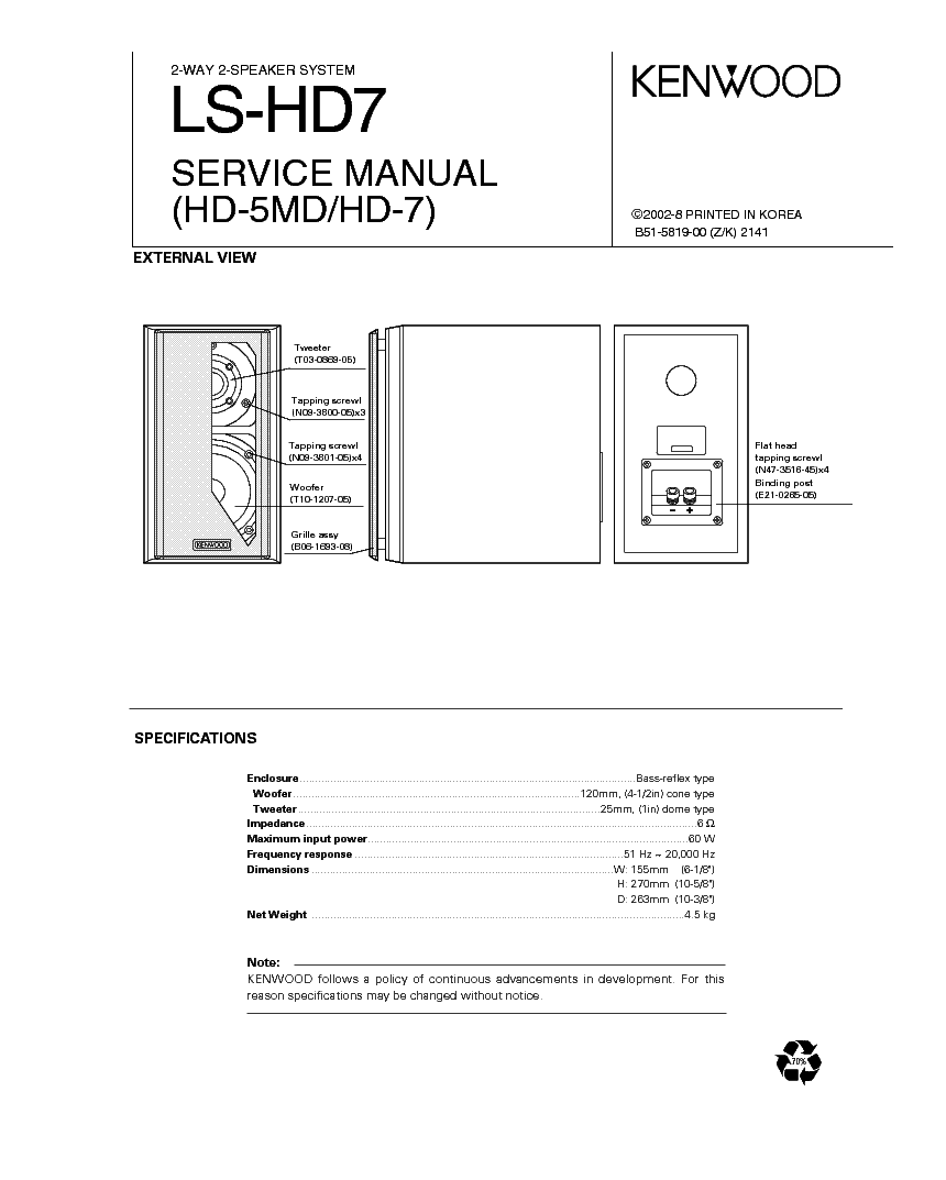 KENWOOD LS-HD7 Service Manual download, schematics, eeprom, repair 
