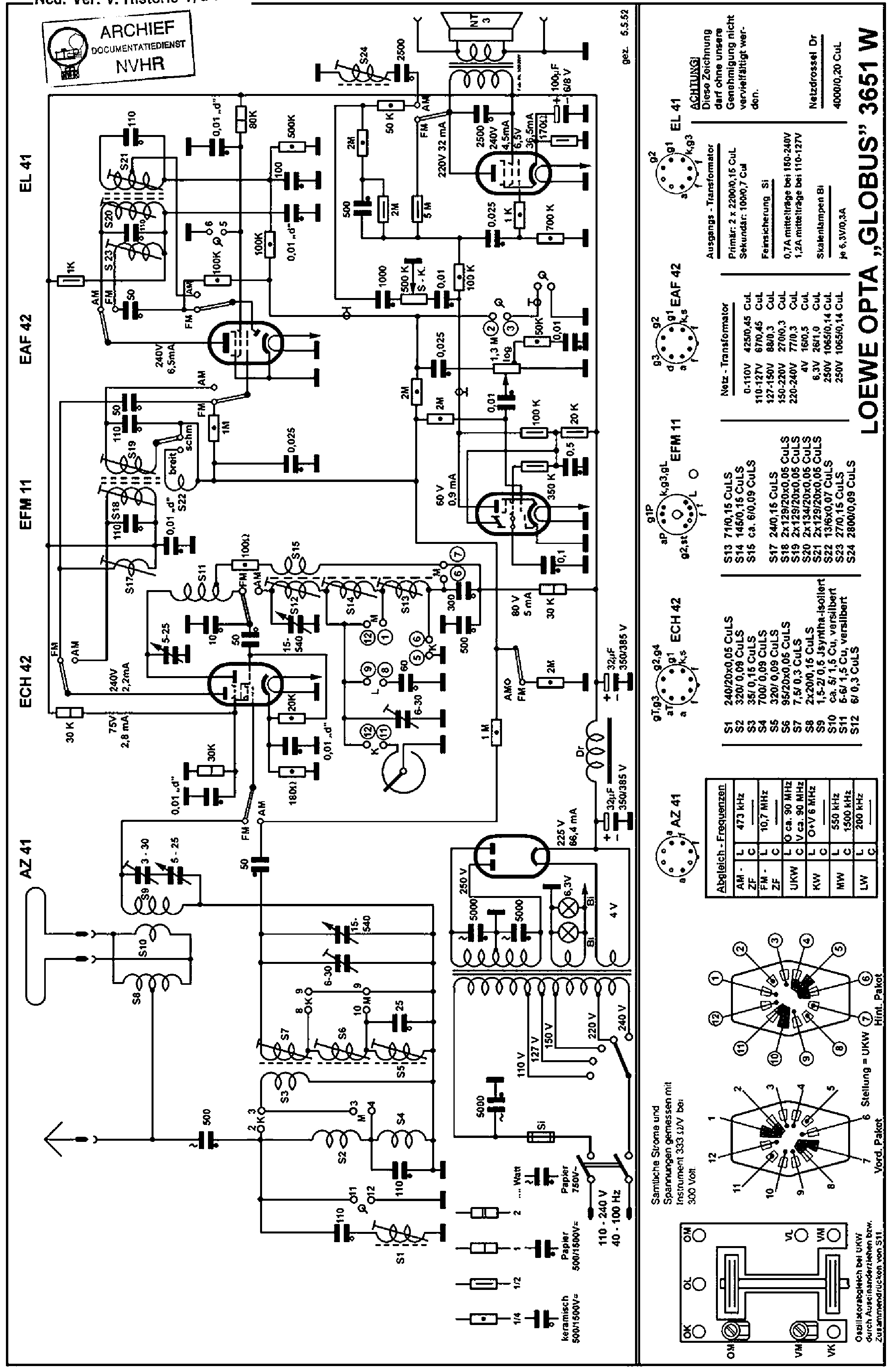 LOEWEOPTA 3651W GLOBUS AM-FM RECEIVER 1952 SCH service manual