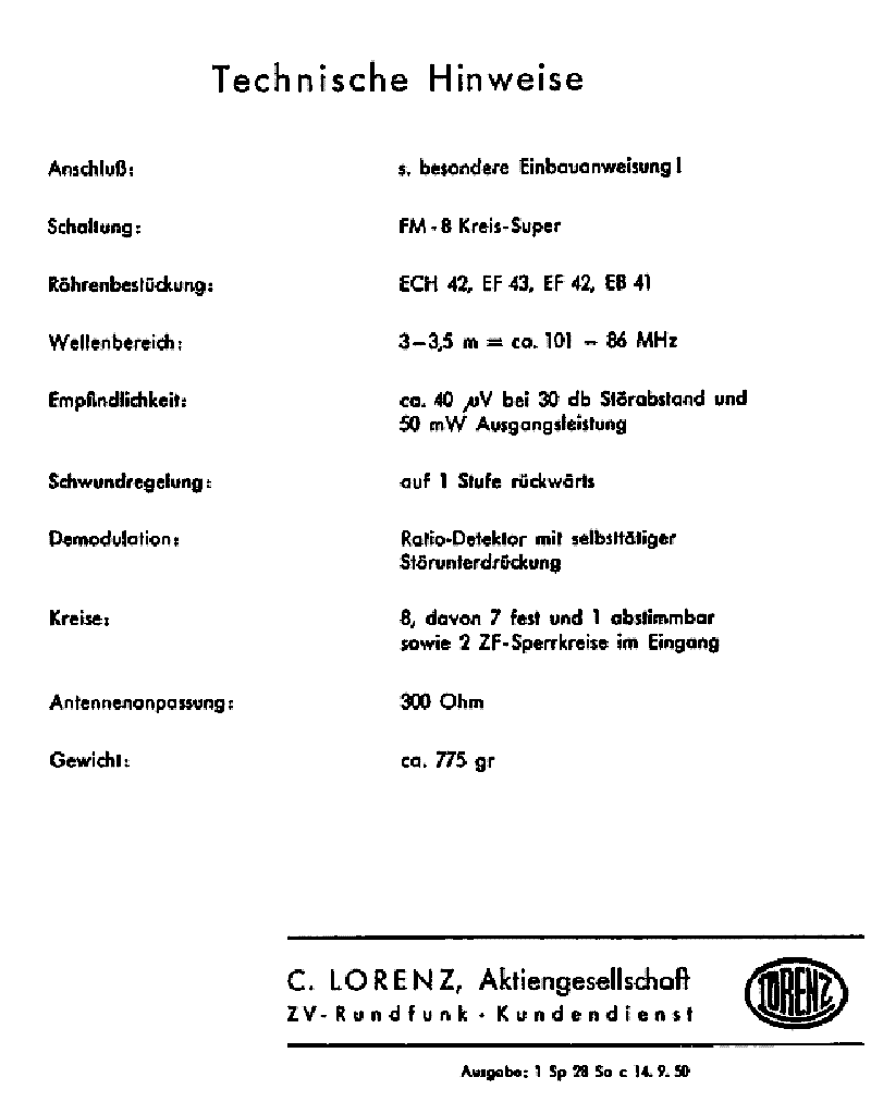 LORENZ ULEI 52 IV FM TUNER SCH service manual