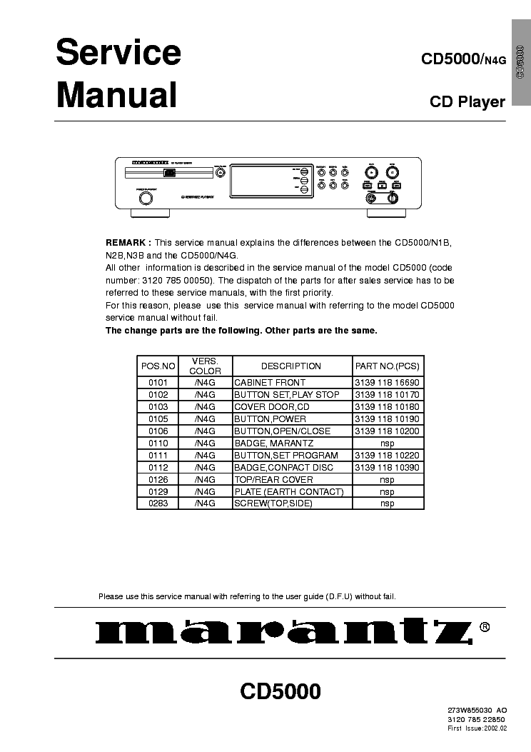 MARANTZ CD5000-N4G DIFFERENCES BETWEEN THE N1B N2B N3N N4G PARTS service manual