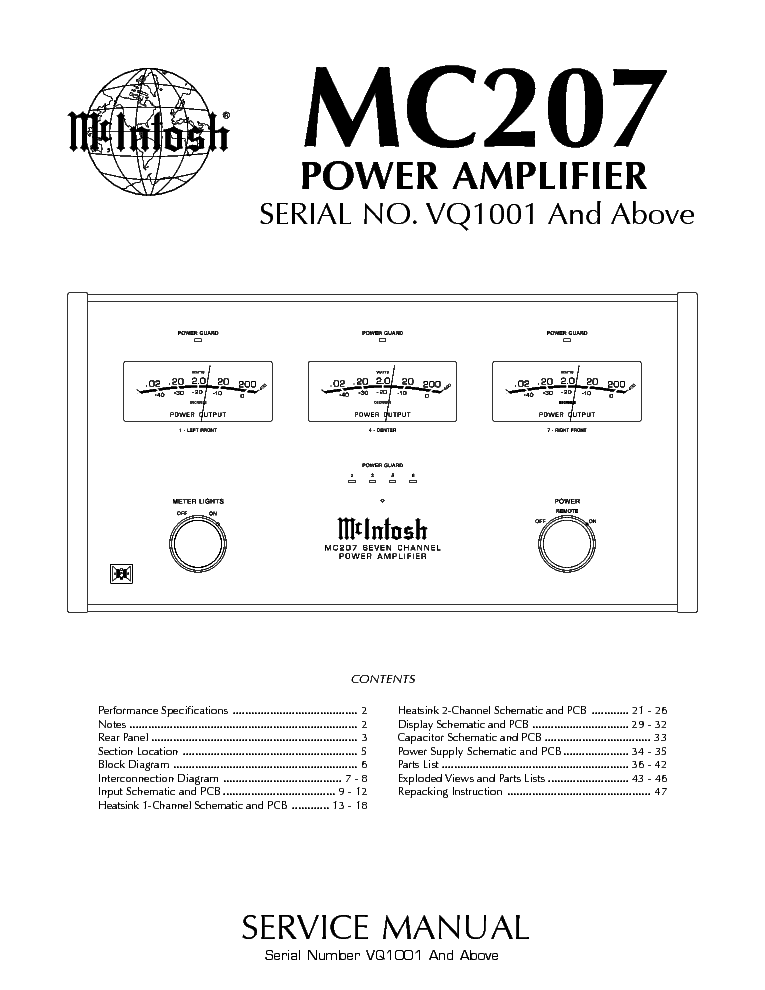 MCINTOSH MC207 VQ1001 POWER AMPLIFIER SM Service Manual download ...