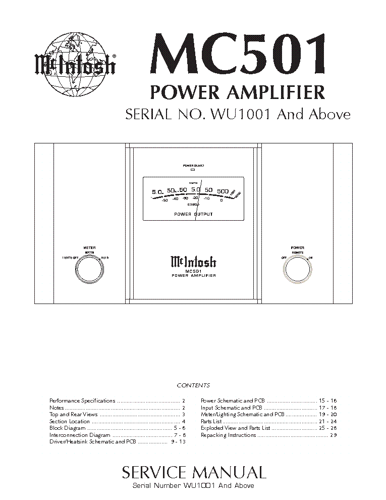 MCINTOSH MC501 SN-WU1001 POWER AMPLIFIER SM service manual